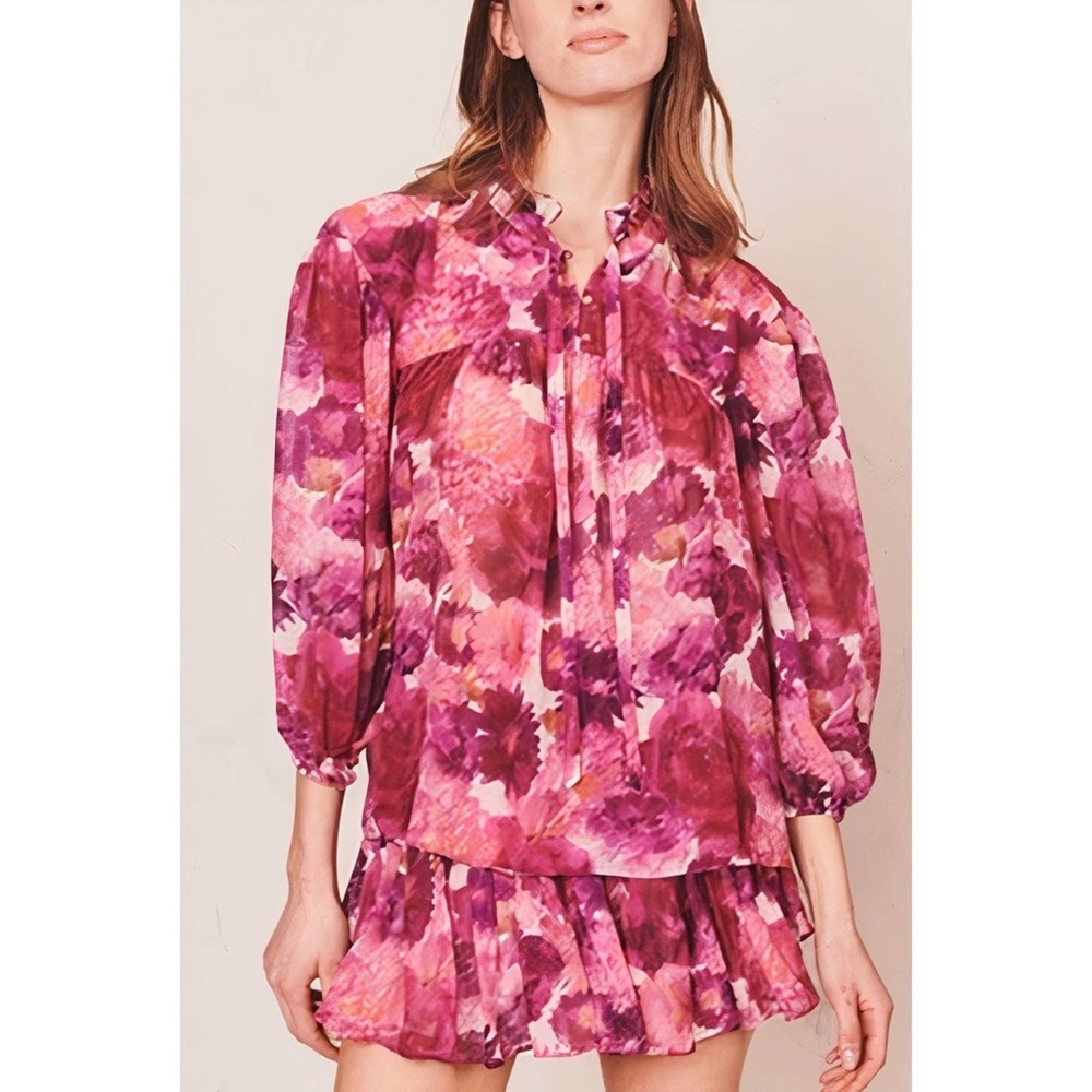 LoveShackFancy Gamela Blouse Top Tie Neck Silk Pre-dawn Sky Pink Medium NWT